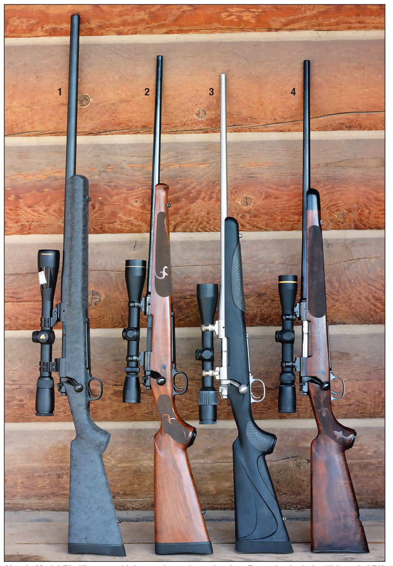 Classic Model 70 rifles are widely popular and sought after. Examples include: (1) Laredo LRH 300 Winchester Magnum, (2) Featherweight 280 Remington, (3) Stainless Steel 25 WSSM and (4) Featherweight Jack O’Connor Tribute Rifle chambered in 270 Winchester.